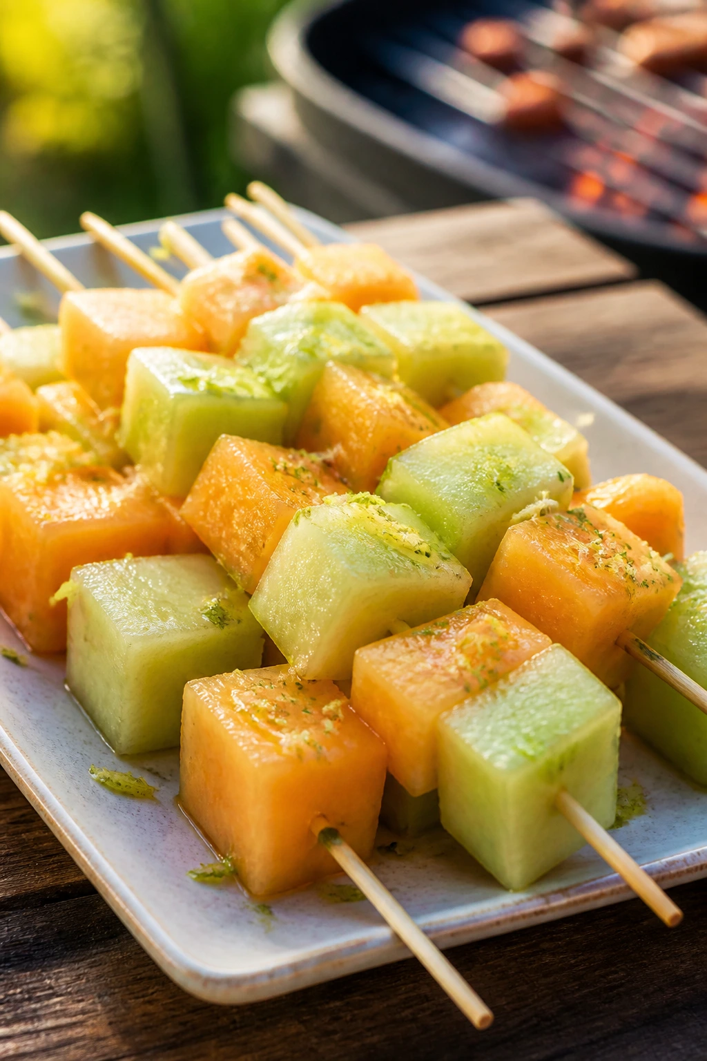 Close-up of Honeydew Cantaloupe Ginger-Lime Kebabs on a wooden board outdoors