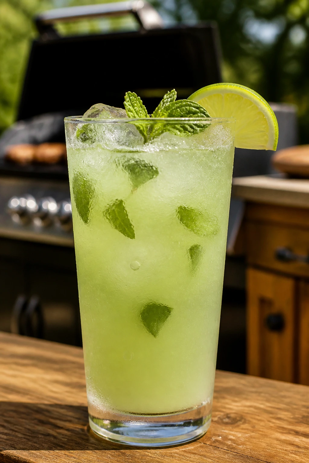 Tall glass of honeydew coconut refresher with mint on a grill-side counter