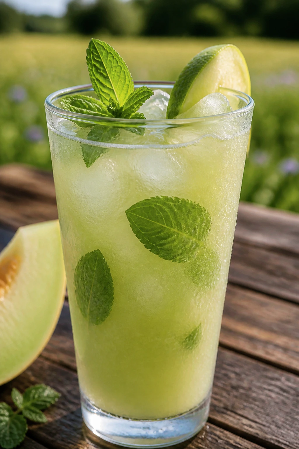 Close-up of honeydew melon cooler in a tall glass on a picnic table