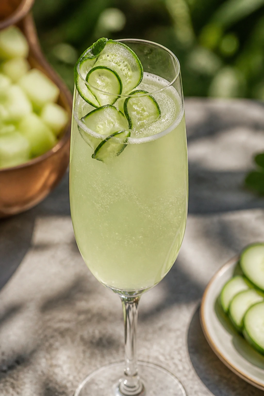Close-up of honeydew cucumber cooler in a flute with cucumber ribbons on a shaded patio