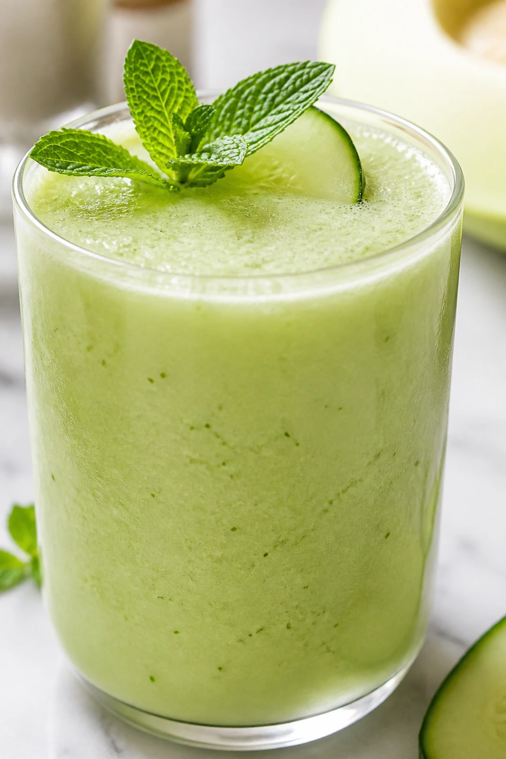 Pale green Honeydew Cucumber Mint Smoothie in glass