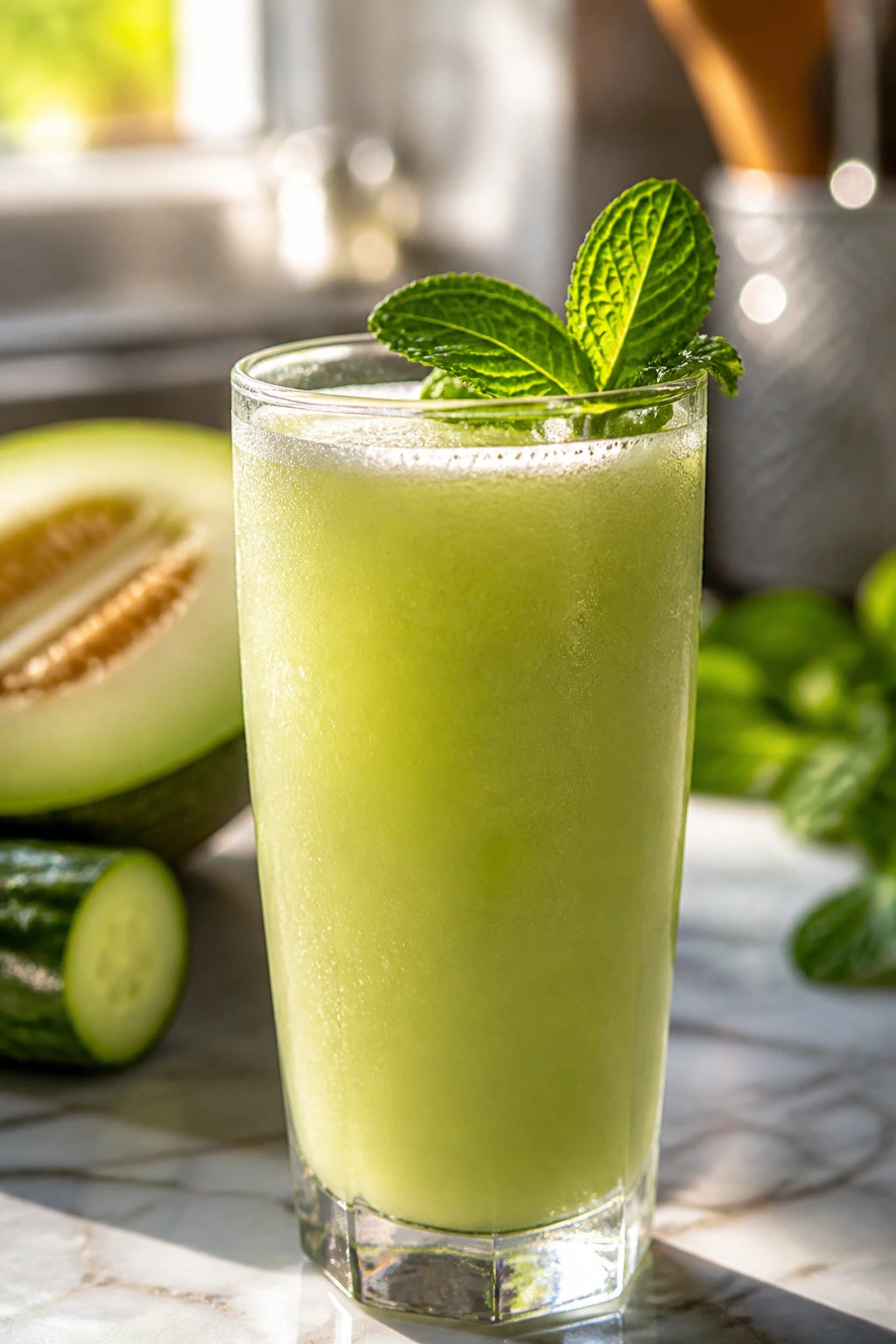 Close-up of a glass of Honeydew Cucumber Mint Juice on a sunny counter
