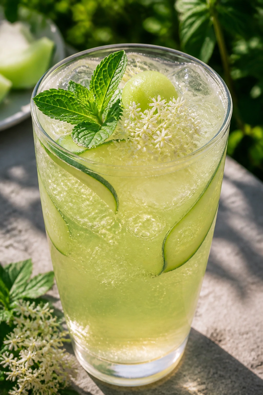 Close-up of pale green honeydew elderflower punch in a glass with mint and cucumber garnish