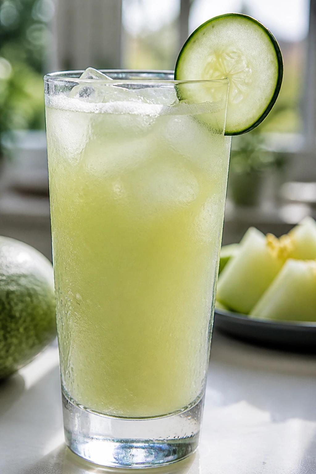 Pale green honeydew gin cooler in a tall glass with cucumber garnish