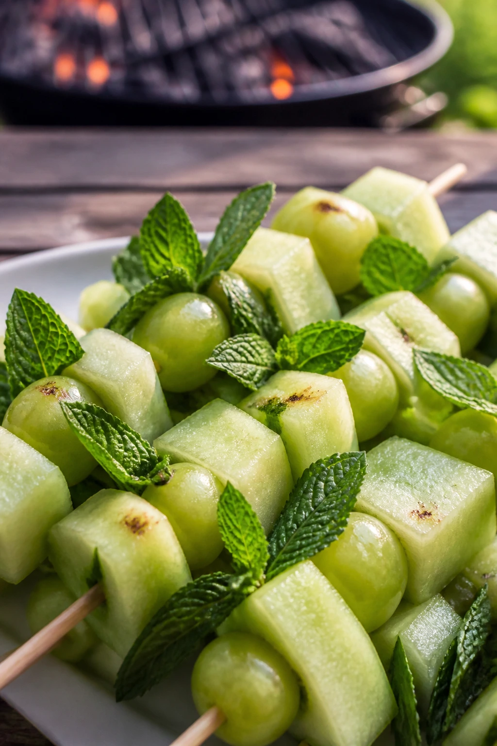 Close-up of honeydew and grape mint skewers on wood