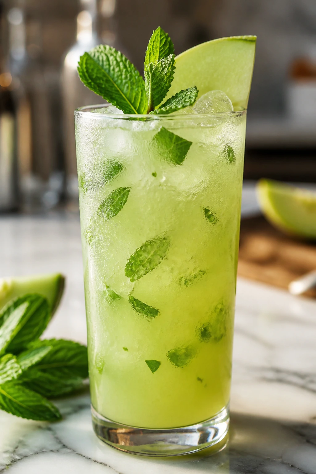 Close-up of Honeydew Mint Gin Cooler with mint garnish