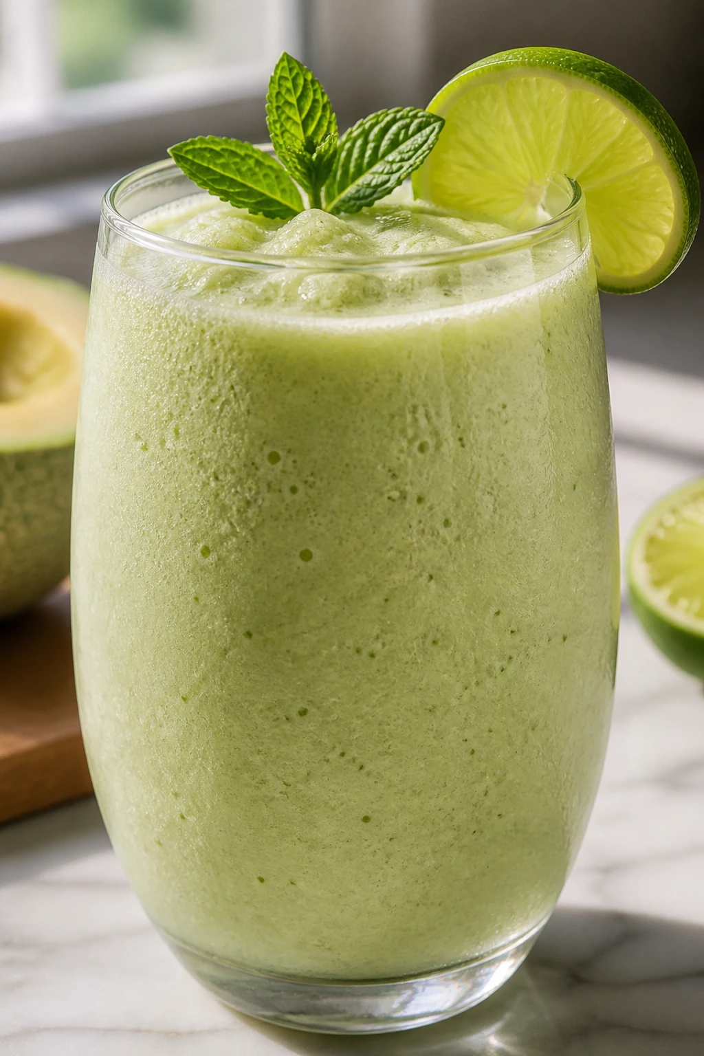 Close-up of Honeydew Lime Coconut Smoothie in a glass with lime wedge on a sunny counter