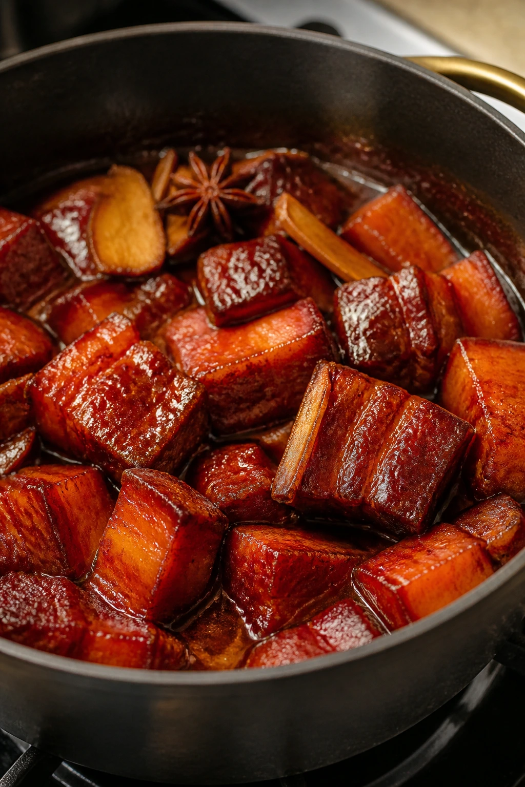 Close-up of red-braised pork belly in glossy sauce