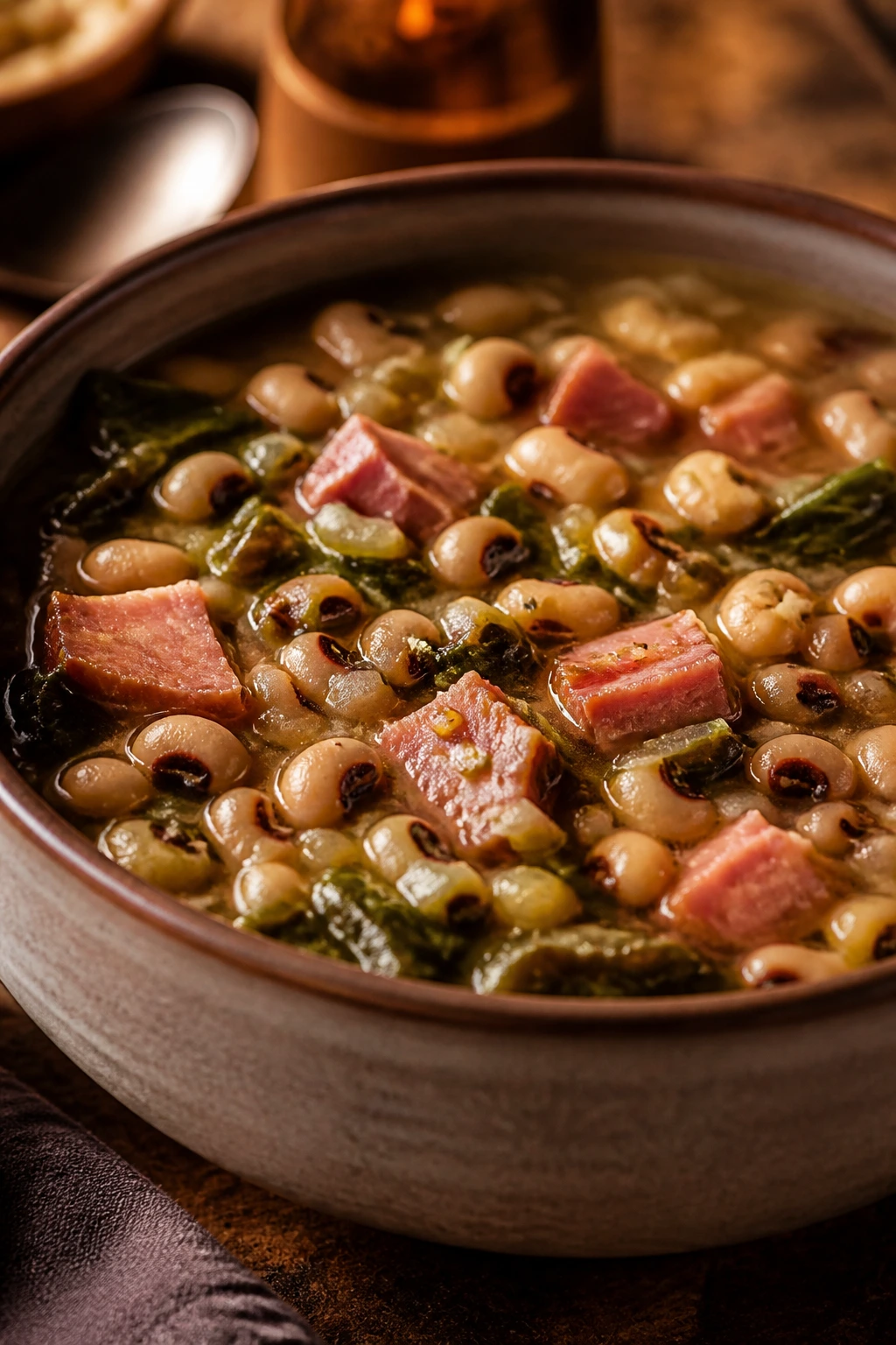 Close-up of Hoppin' John soup with peas and greens