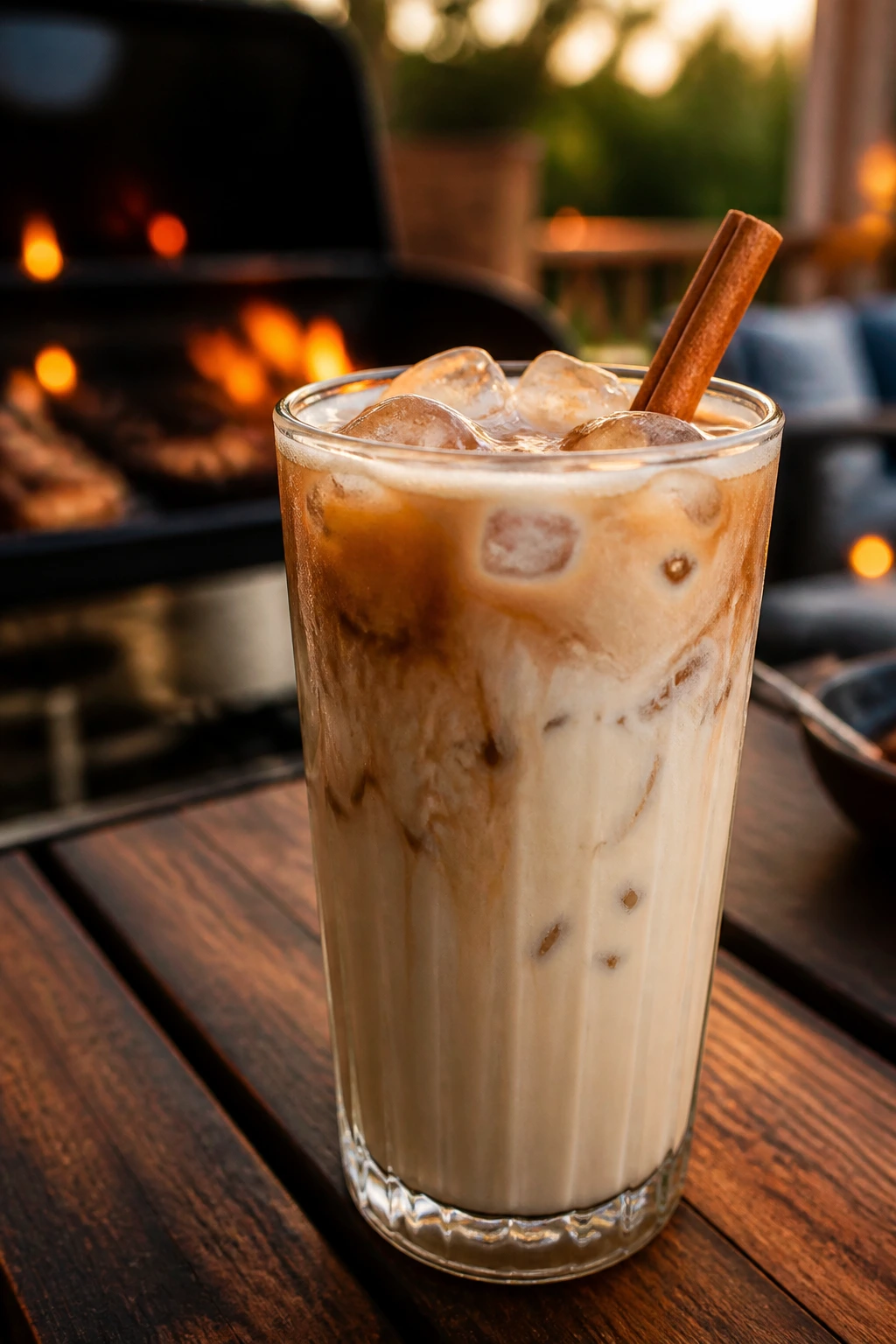 Close-up of a creamy horchata cold brew in a glass with ice and cinnamon on a grill-side table