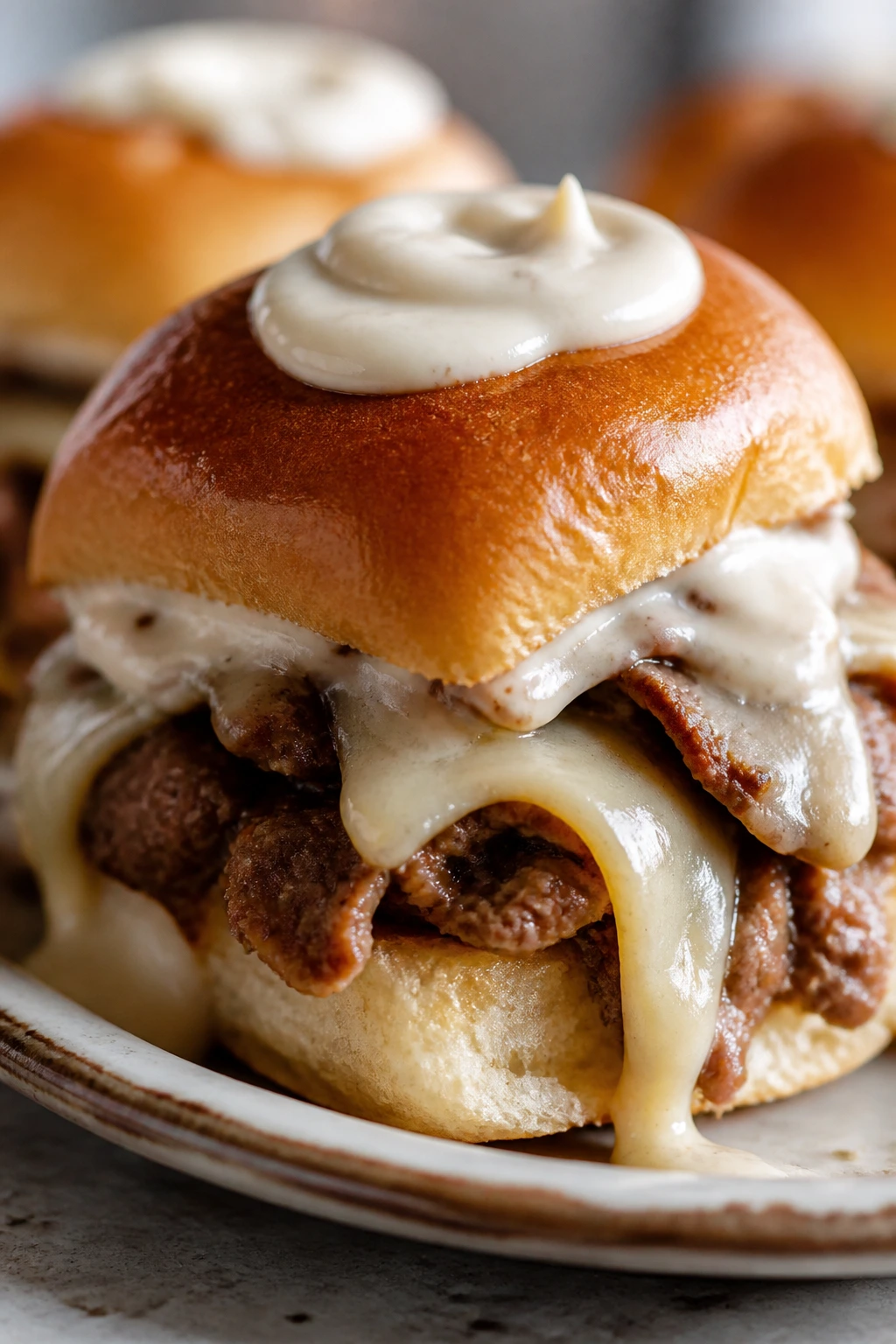 Close-up of Horseradish Cream Sliders with horseradish cream and provolone