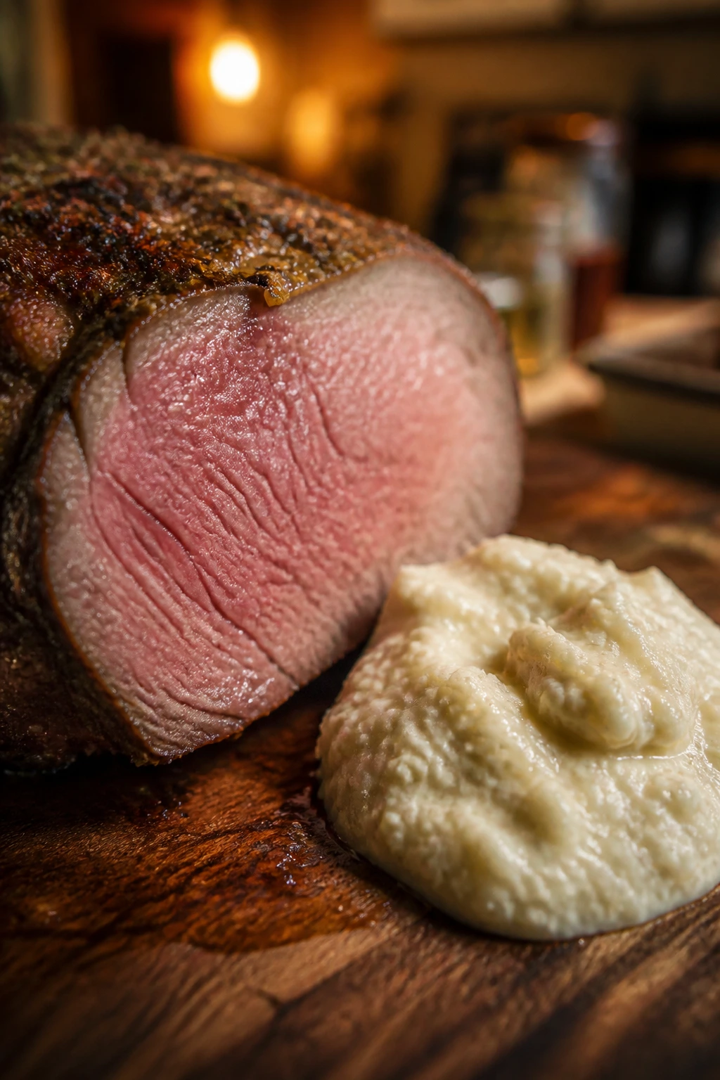 Roast beef with horseradish sauce on board