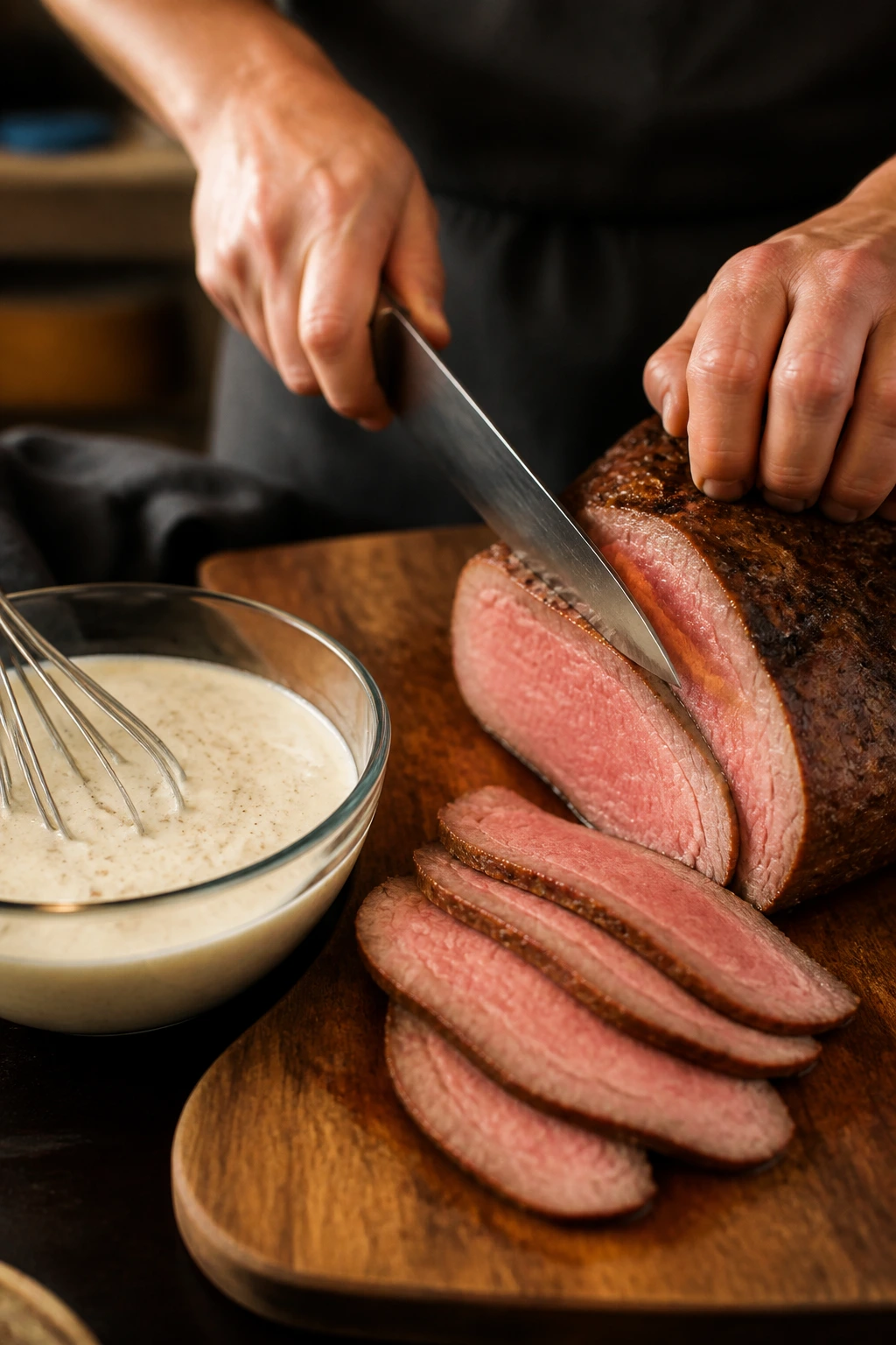 Hands slicing a roast on a cutting board with horseradish sauce nearby