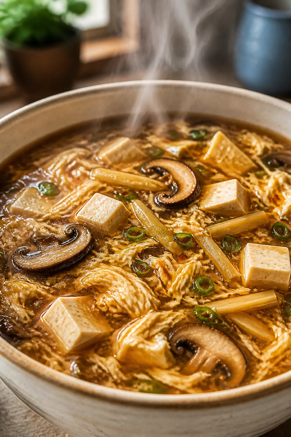 Close-up of hot and sour soup with tofu and mushrooms