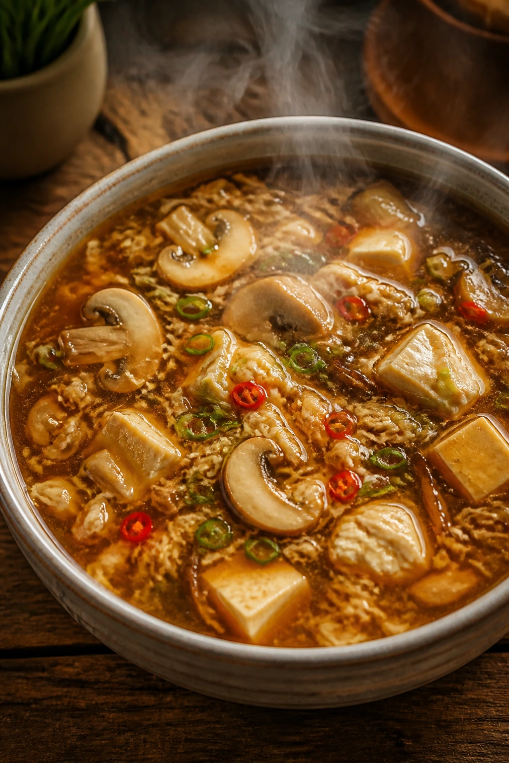 Steaming hot and sour soup with mushrooms and tofu in bowl