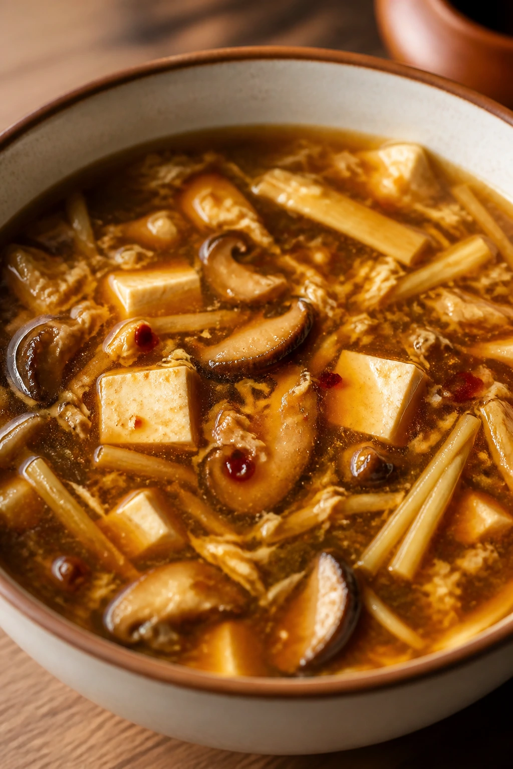 Hot and sour soup with mushrooms, bamboo shoots, tofu, and egg ribbons