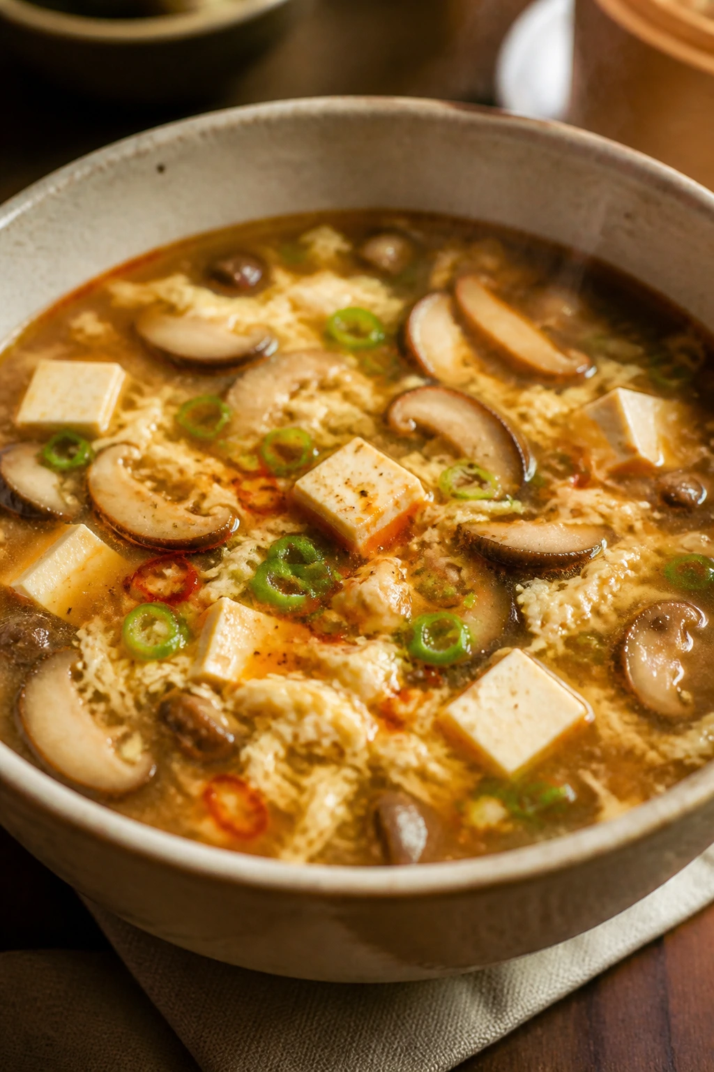 Hot and sour soup with mushrooms and tofu in a bowl