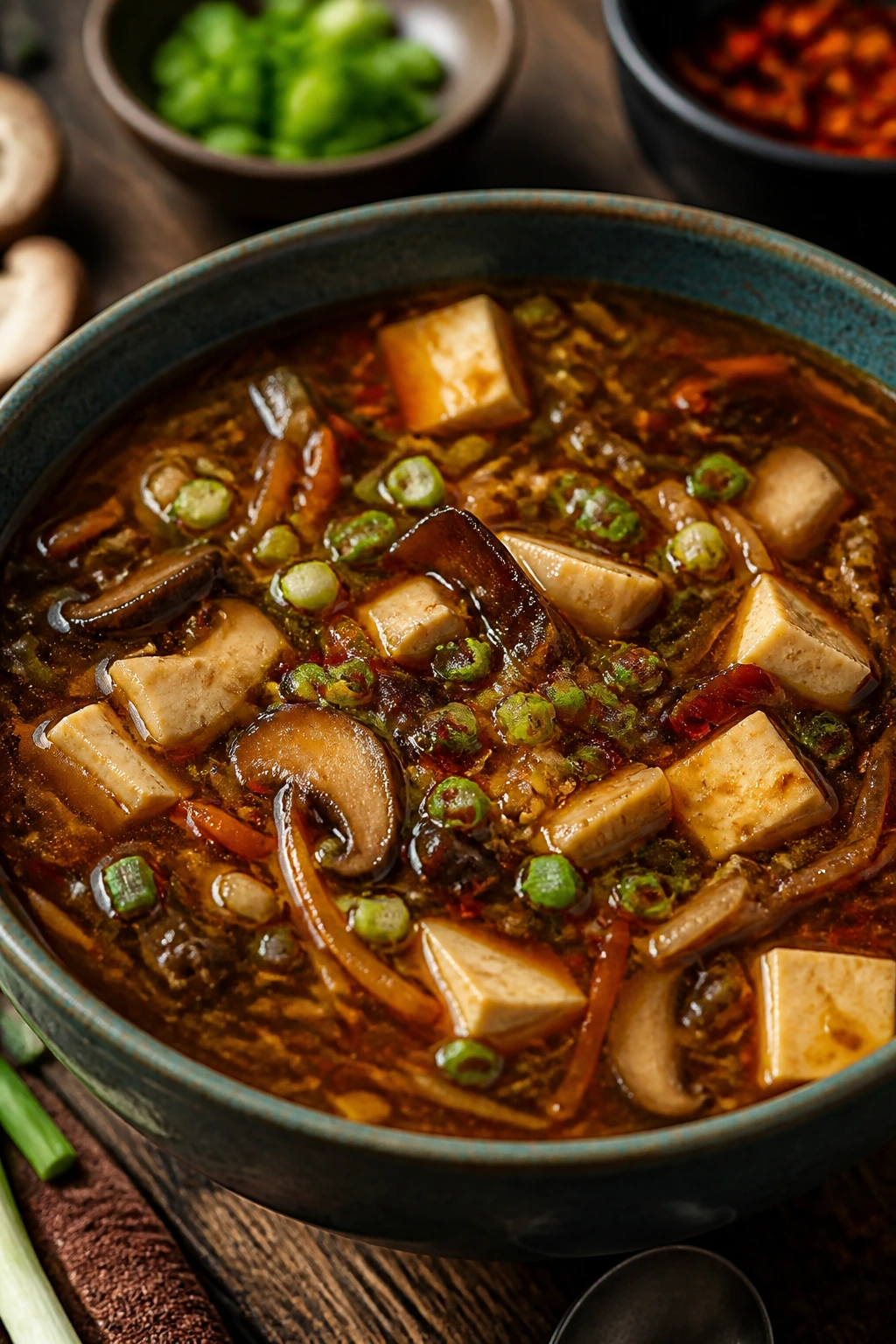 Close-up of hot and sour soup with tofu and mushrooms