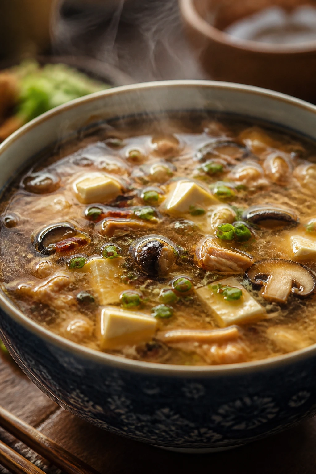 Steaming Hot and Sour Soup in a bowl with mushrooms and tofu