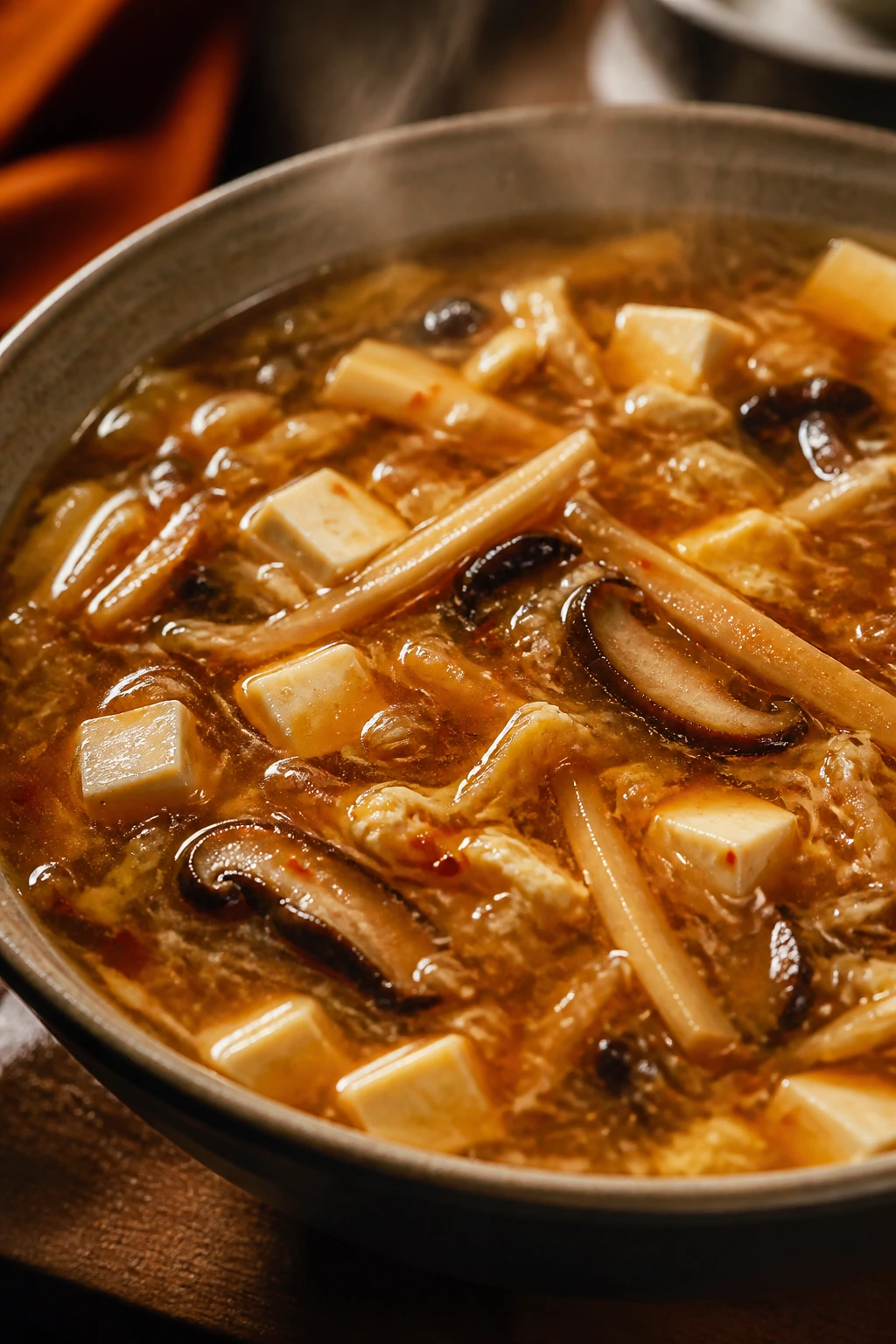 Hot and sour soup with tofu and mushrooms in a steaming bowl