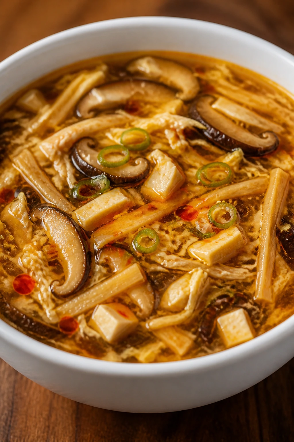 Close-up of Hot and Sour Soup with mushrooms, bamboo shoots, tofu, and egg ribbons