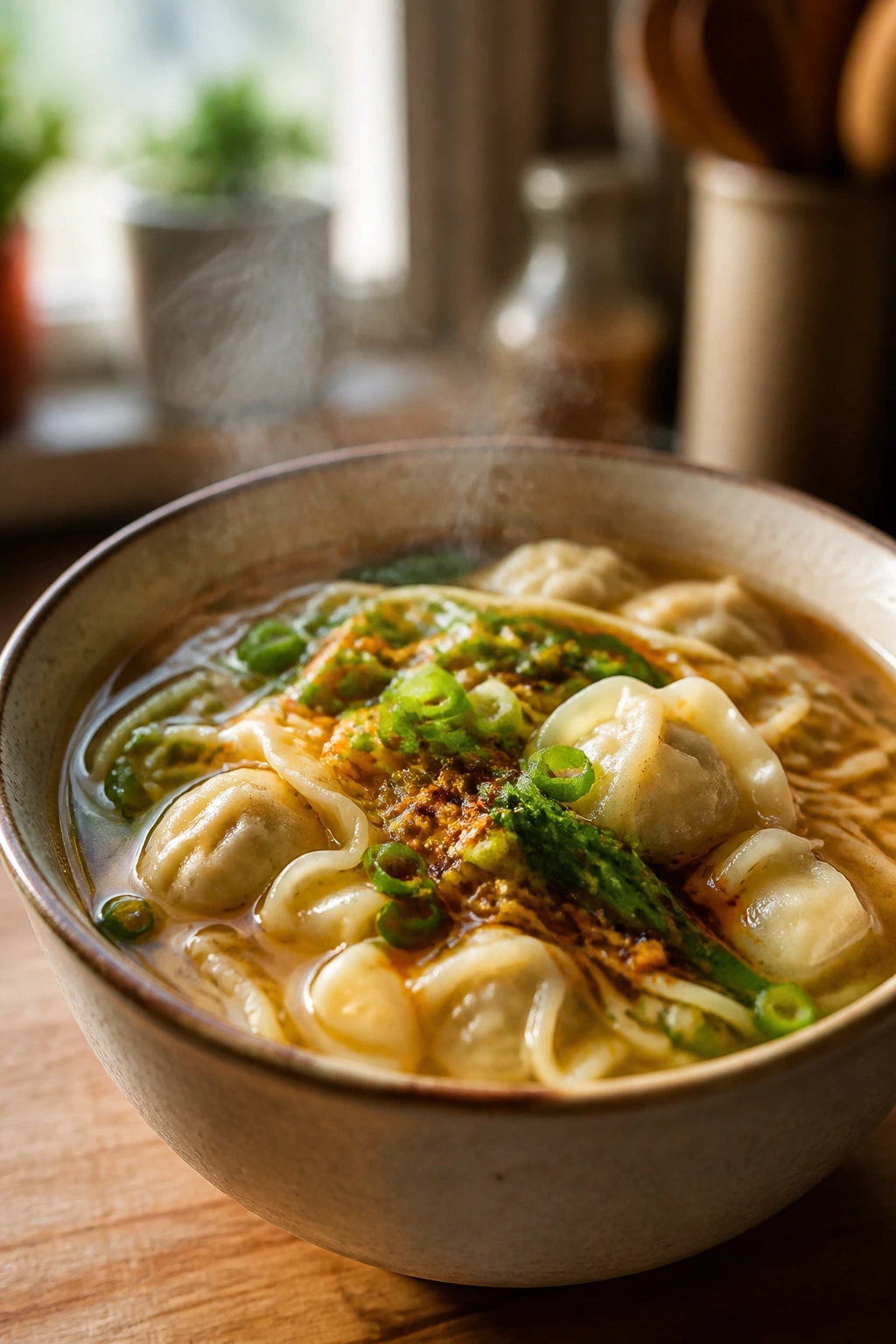 Steaming bowl of wonton noodle soup on a warm kitchen counter