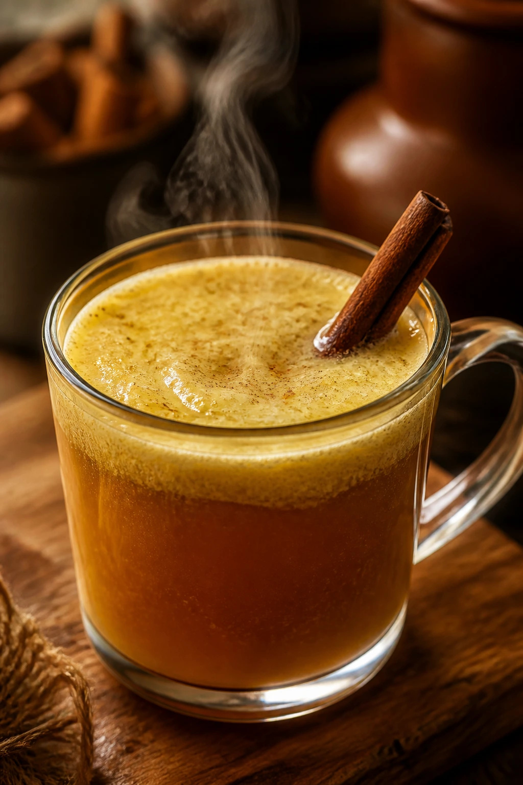 Close-up of hot buttered rum in a mug with cinnamon on a cozy wooden table