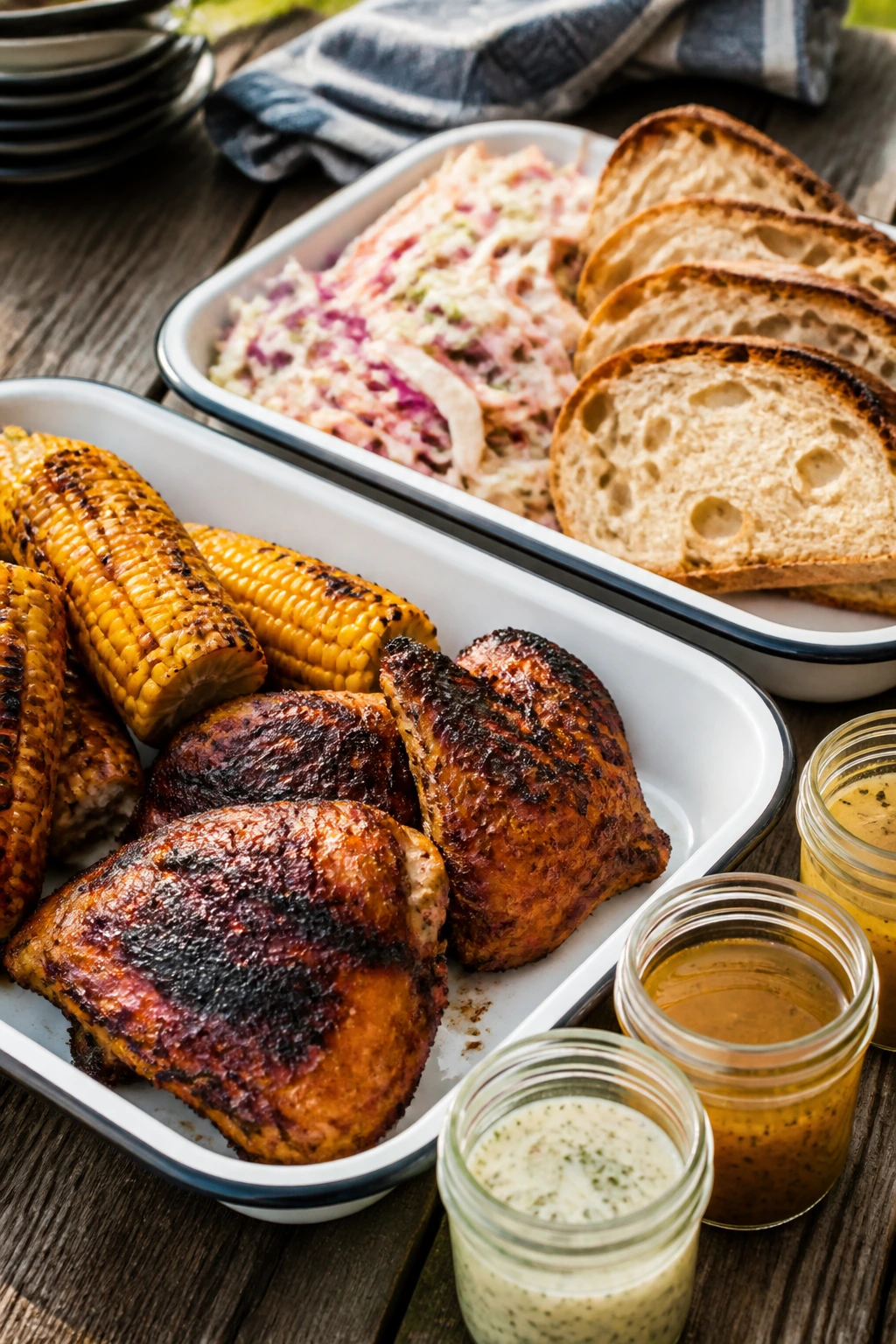 Two trays with hot grilled chicken and cold sides on a wooden table
