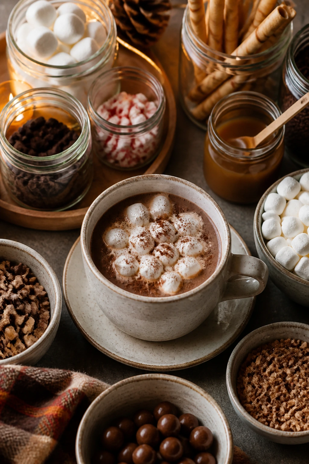 Overhead view of a hot chocolate bar with mug and toppings