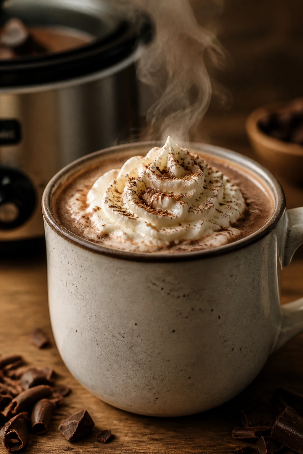 Close-up of hot chocolate in a mug with whipped cream in a cozy kitchen