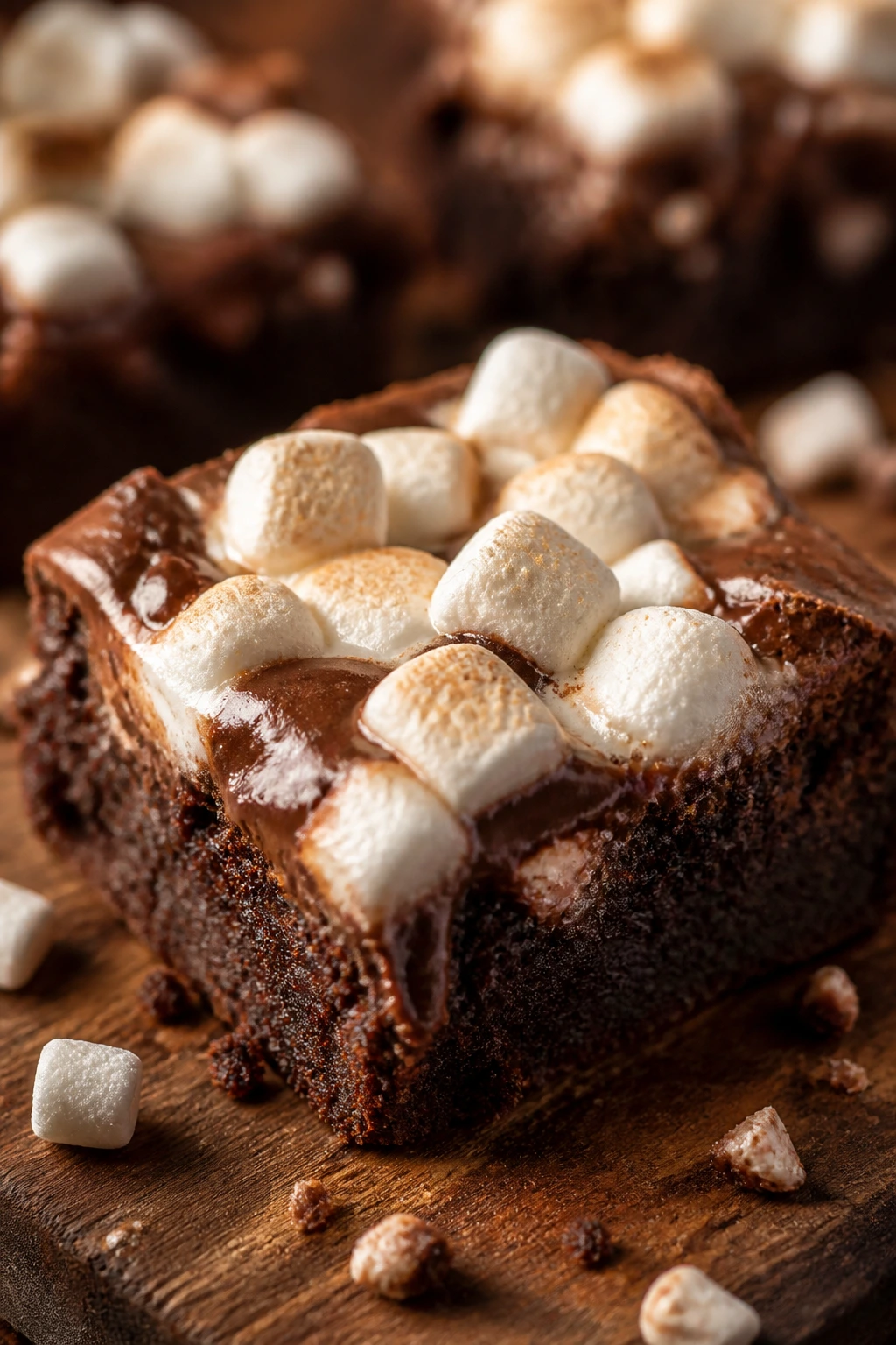 Close-up of hot cocoa brownie topped with mini marshmallows