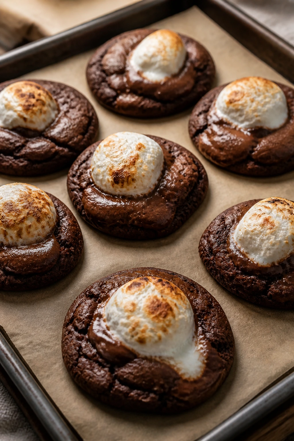 Close-up of hot cocoa cookies with a marshmallow topping