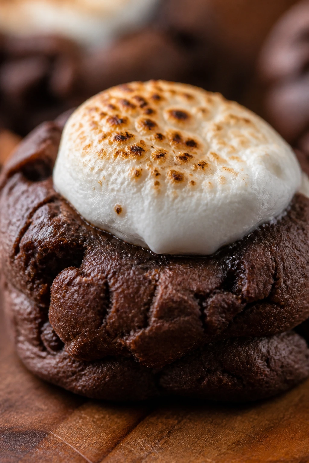 Close-up of cocoa cookie with marshmallow on top