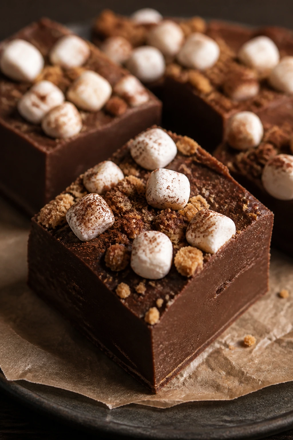 Close-up of hot cocoa fudge square with marshmallows and graham crumbs