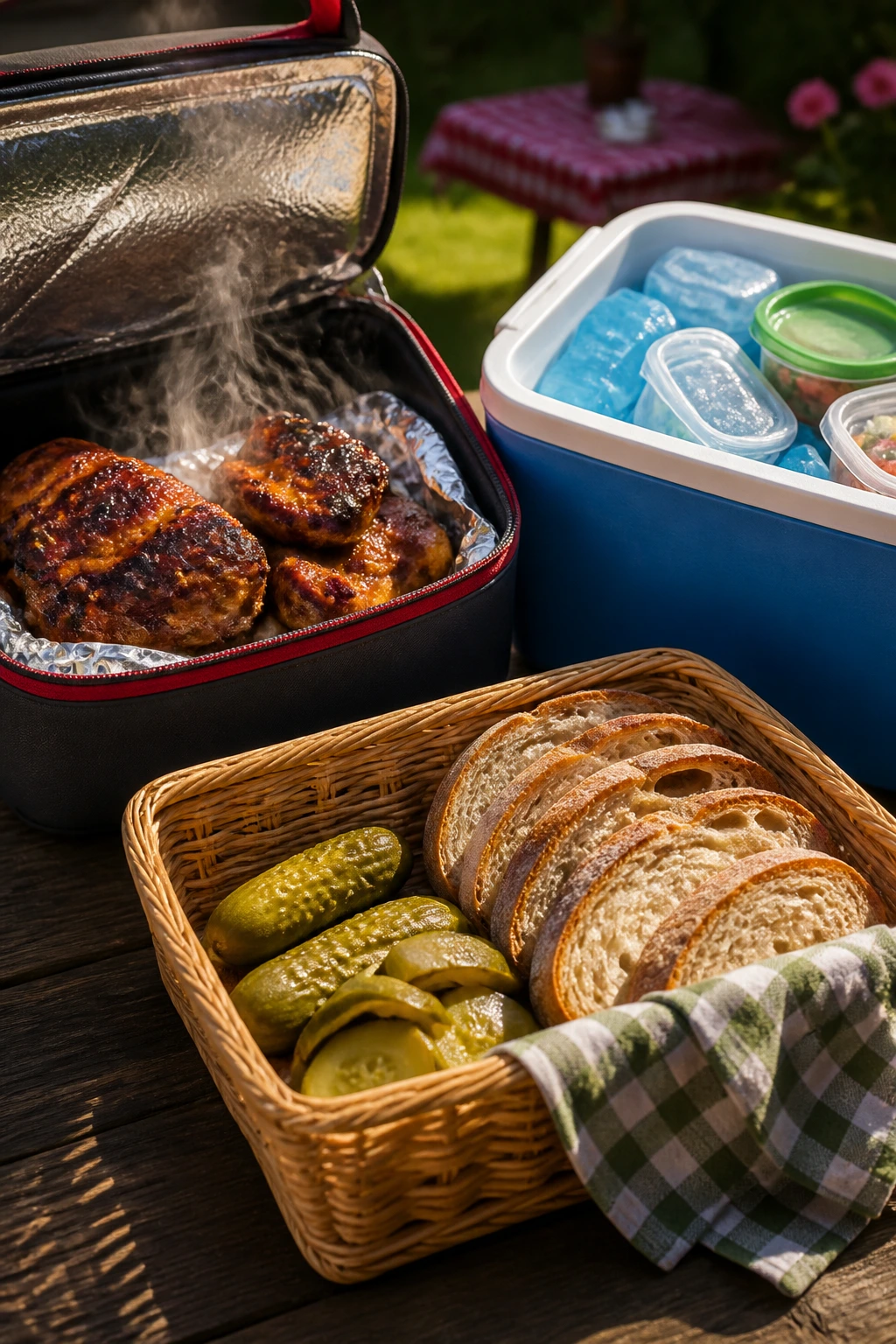 Three temperature-zone containers for hot, cold, and room-temp foods in a picnic setting