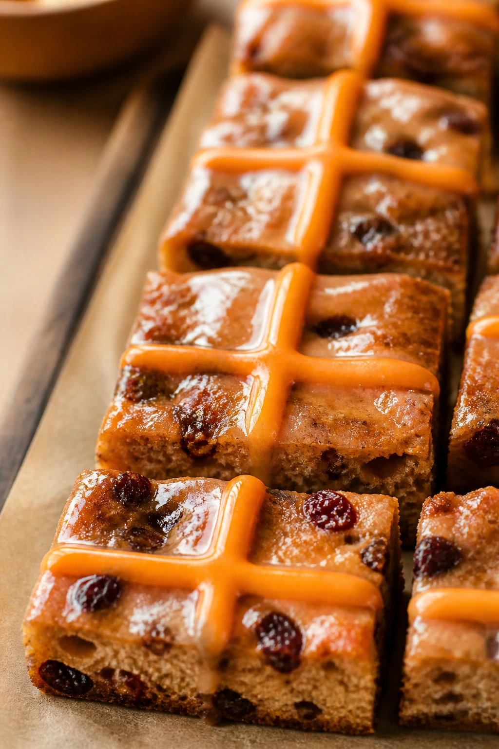 Close-up of hot cross bun bars with orange glaze