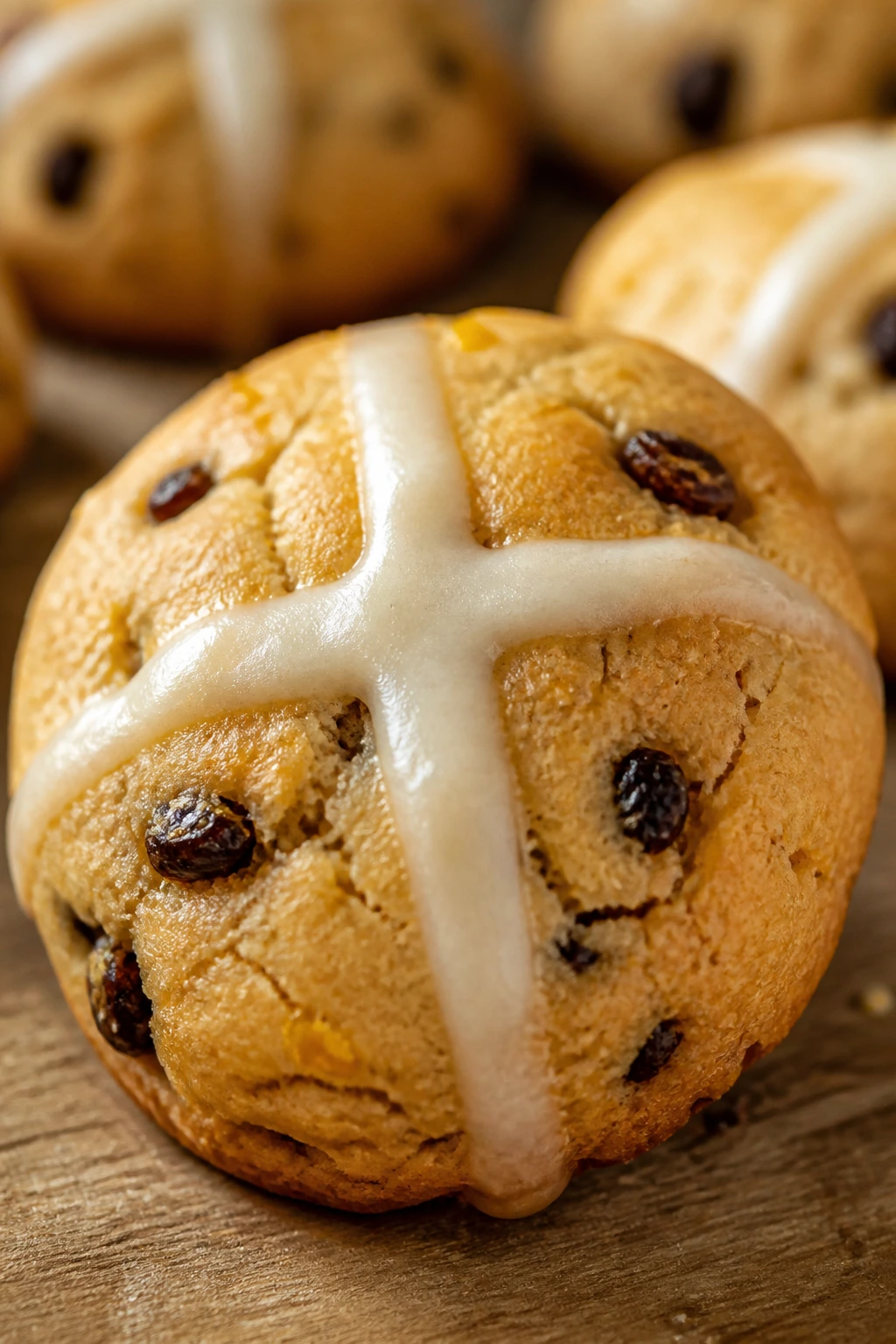 Close-up hot cross bun cookie with icing cross