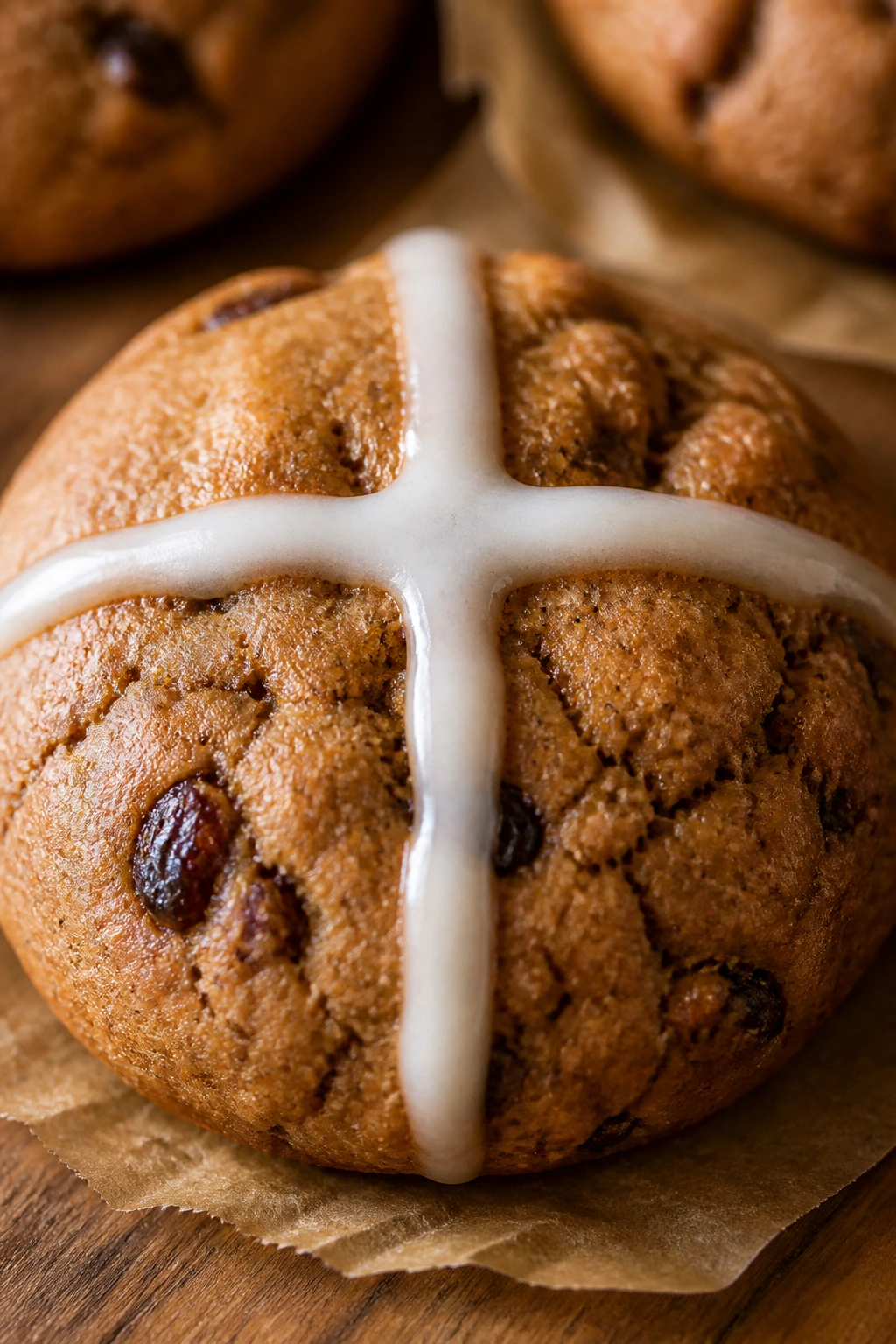 Close-up of a hot cross spice cookie with icing cross on parchment