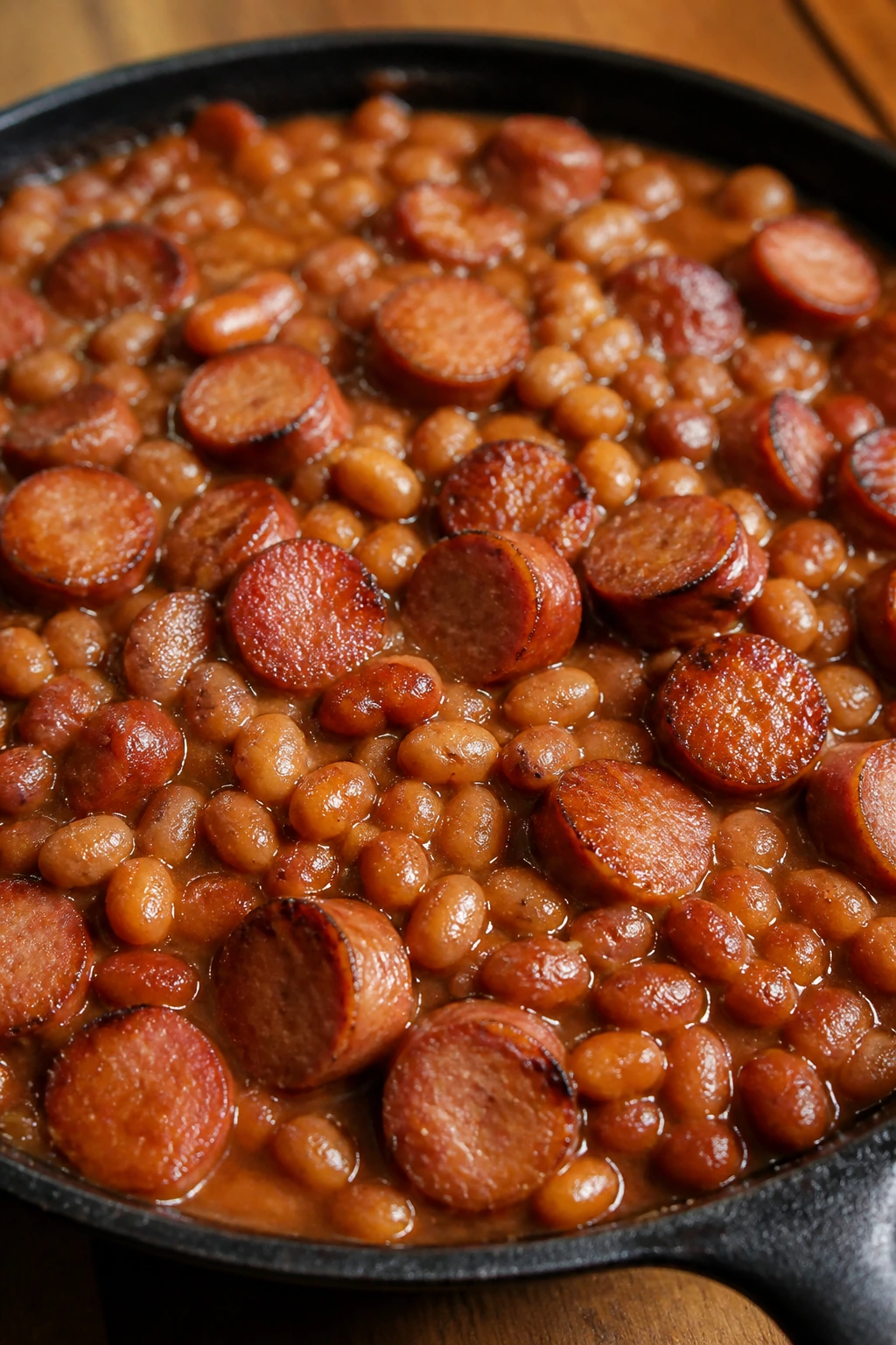Skillet of hot dogs and beans in a kitchen