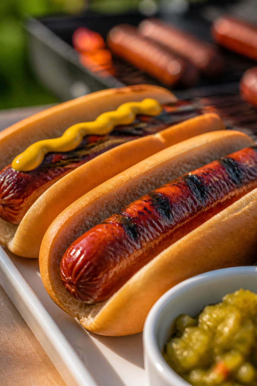 Close-up of grilled hot dogs in buns with mustard and relish outdoors