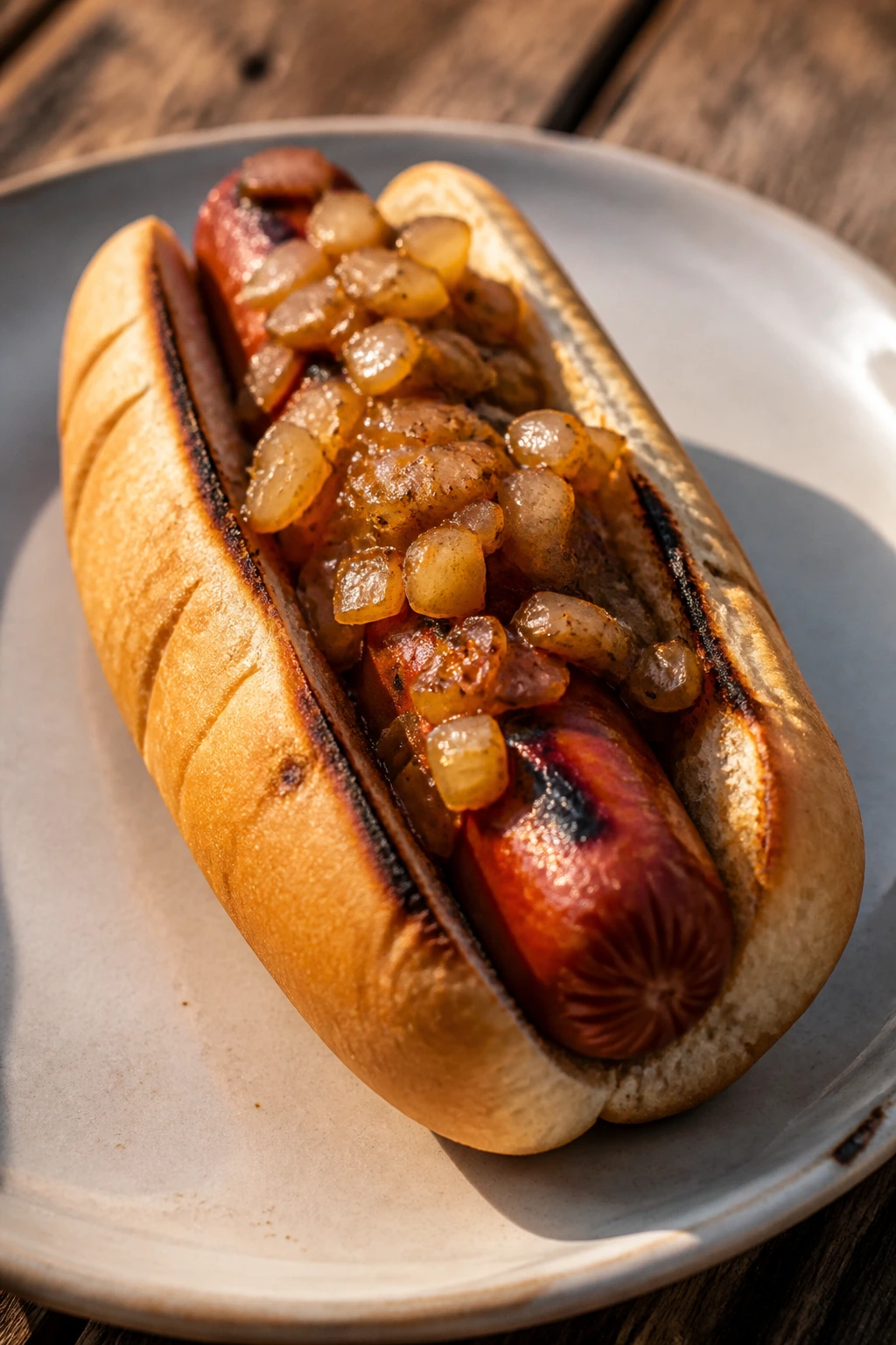 Grilled hot dog in a bun with onion relish outdoors
