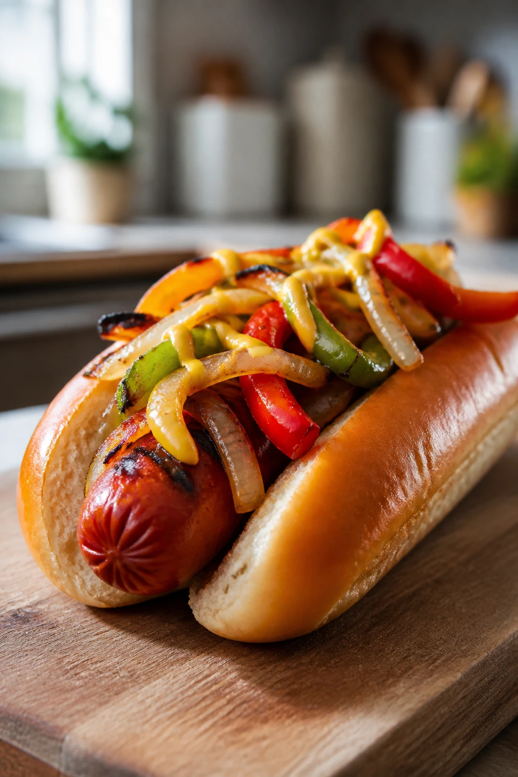 Close-up of a hot dog with roasted peppers and onions in a bun