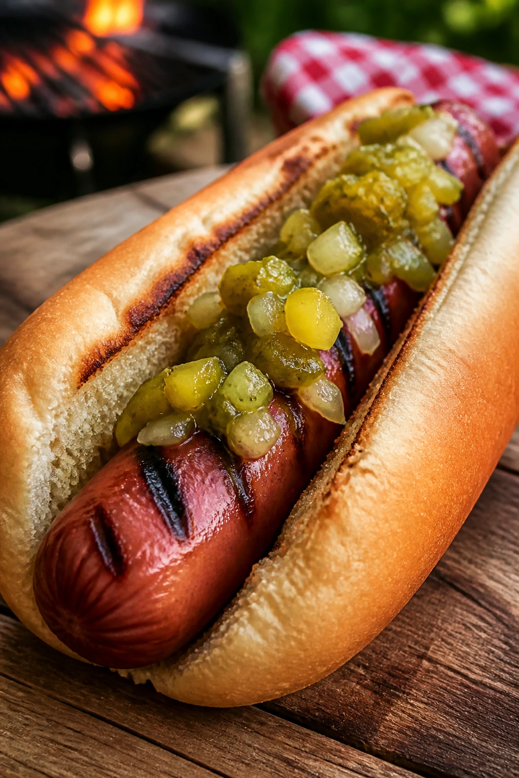 Close-up of grilled hot dog with relish in a bun at a picnic