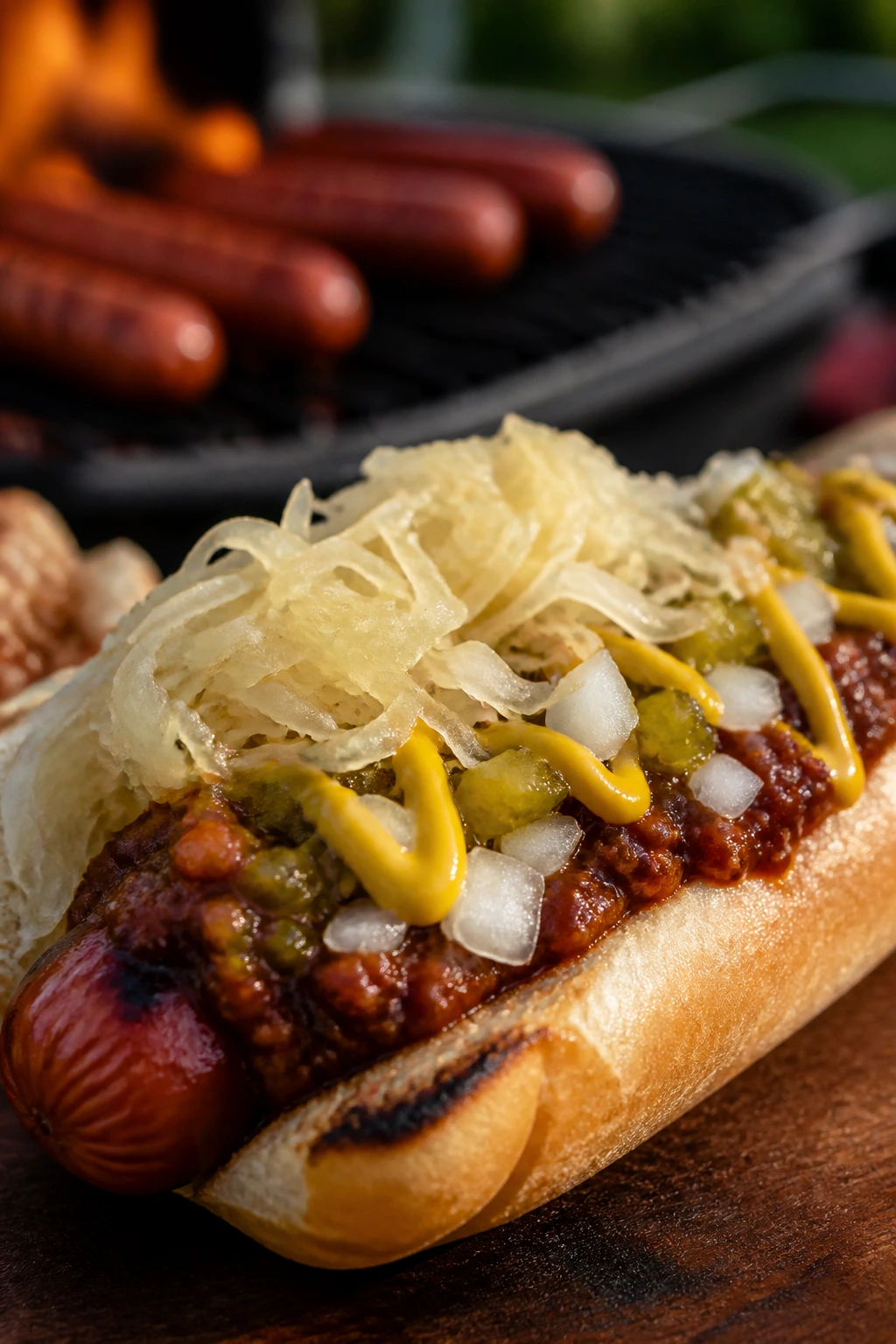 Close-up of a loaded grilled hot dog with toppings on a bun.