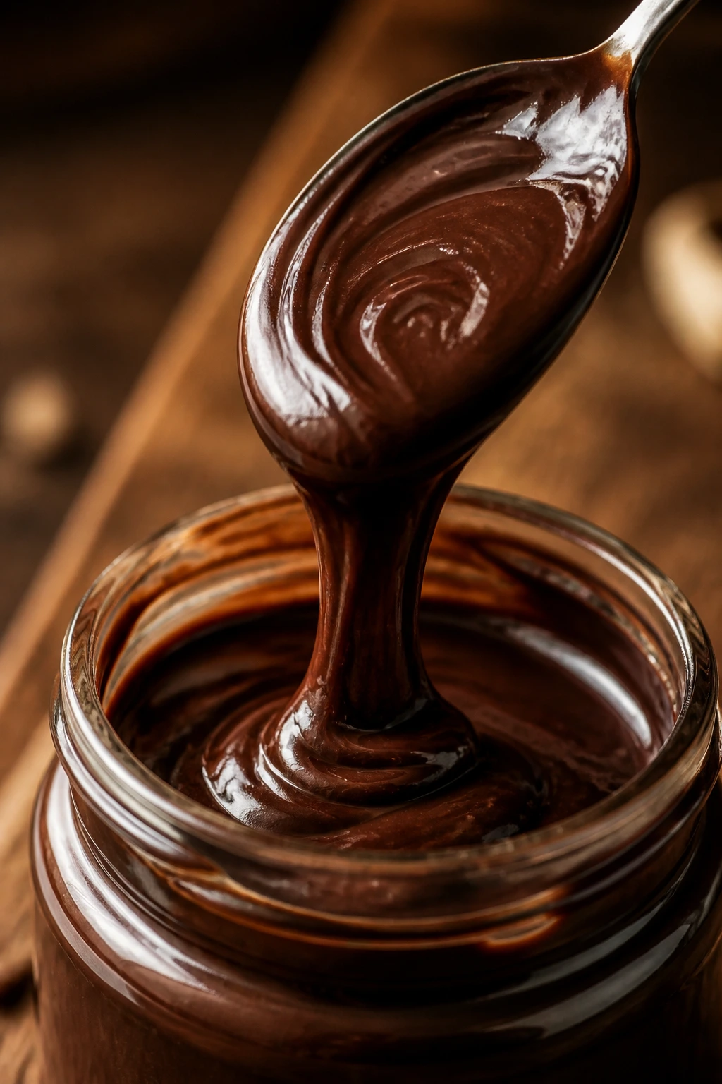 Glossy hot fudge sauce on a spoon with jar visible in warm kitchen lighting.