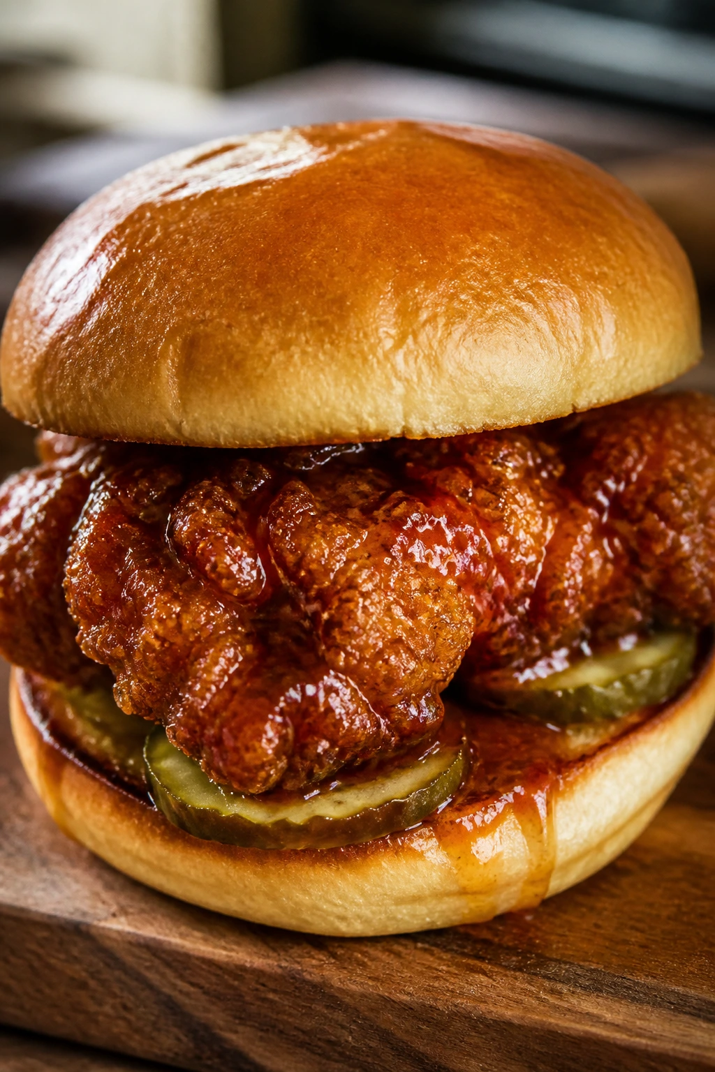 Crispy hot honey chicken sandwich with glaze and pickles