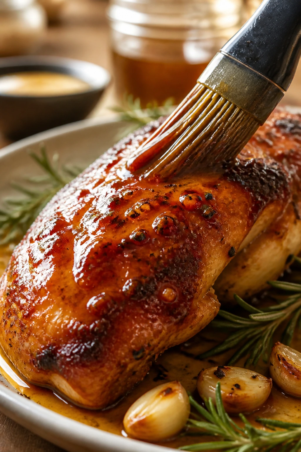 Close-up of glossy hot honey glaze on roasted protein in a warm kitchen