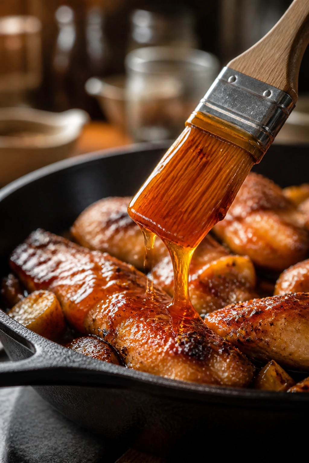 Macro shot of hot honey glaze finishing a skillet dish