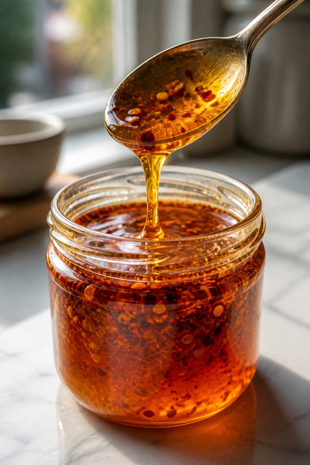 Glass jar of hot honey with a spoon on a kitchen counter