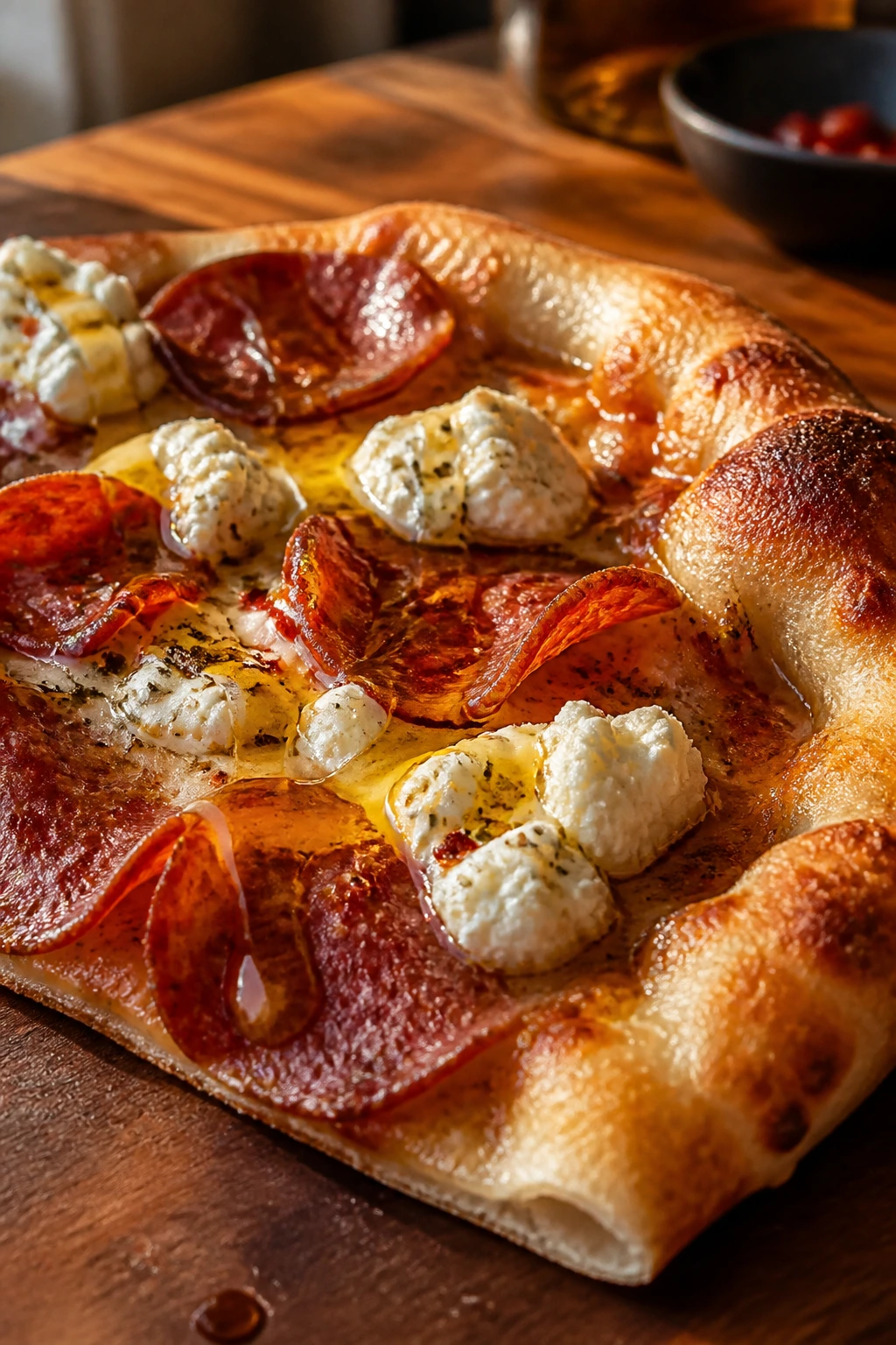 Close-up of hot honey ricotta pizza with soppressata and honey drizzle on a wooden table